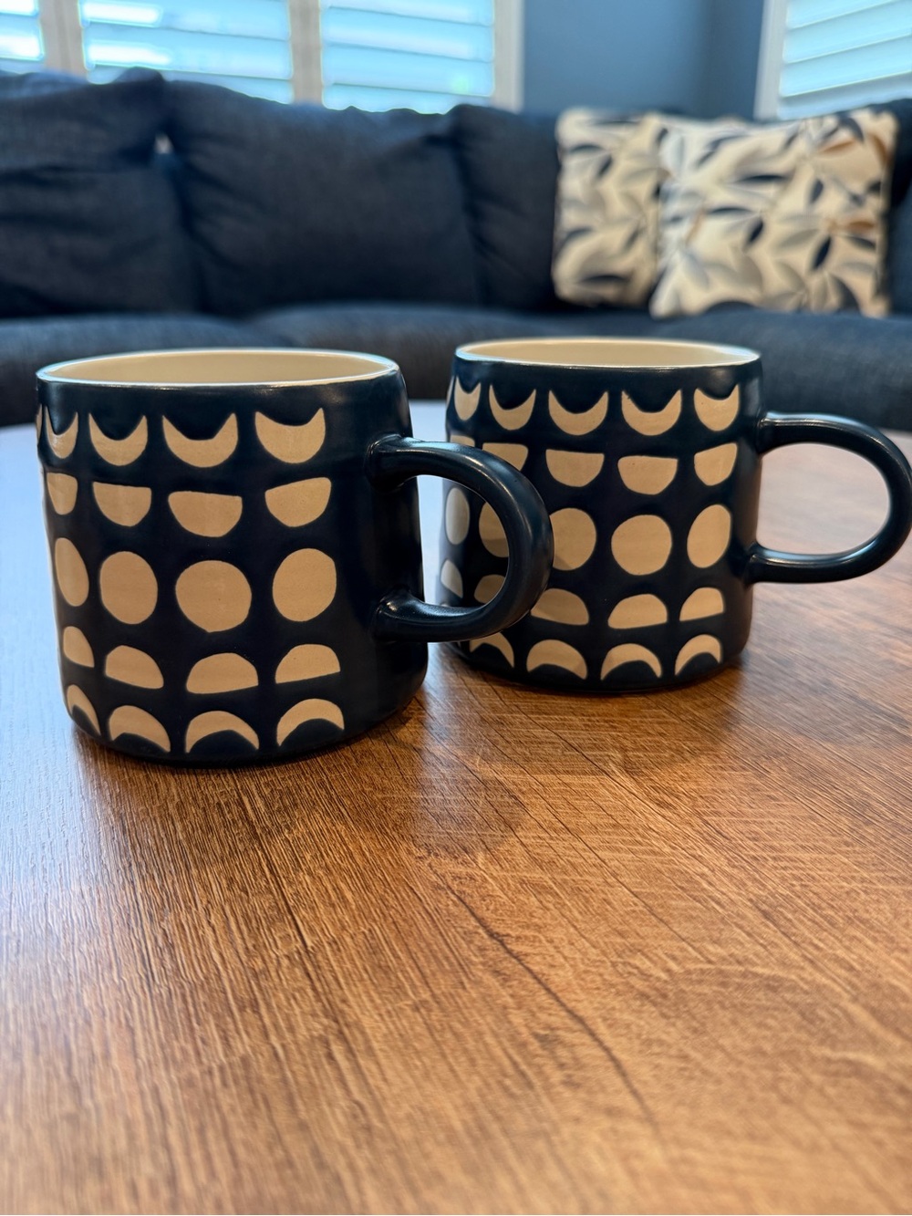 Blue and Cream Patterned Ceramic Coffee Mugs - Set of 2